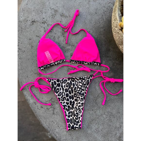 NEW Hot Pink Leopard Print Triangle Halter Top Cheeky String Bikini SMALL - Picture 5 of 8